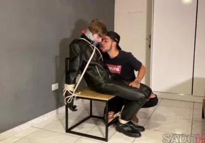 Bound leather boy cum load