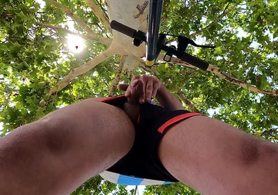 Bulging Young Man Moans with Pleasure in Park Jerking off a Summer Handjob