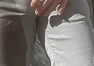 Jules Wets His Grey Pants and Exposes His Semi-hard Cock Through His Trousers