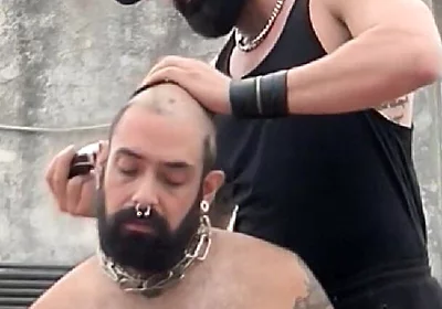 The Bearded Master Has a Hairy Pig Slave and Shaves Its Head.