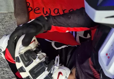 An Excited Guy in Motorcycle Gear Fucks His Sneakers