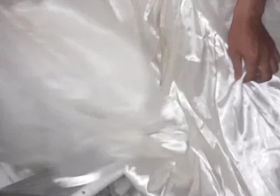 Cum Flows on Satin Wedding Dress