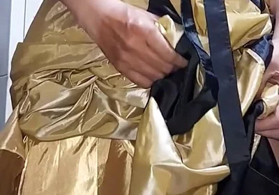 Gold Satin Silk Longdress Evening Gown Masturbation