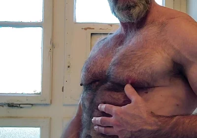 Hairy Muscle Daddy Strokes Uncut Cock