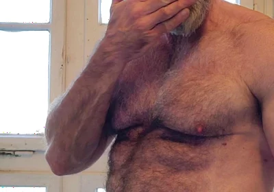 Hairy Muscle Daddy Strokes Uncut Cock
