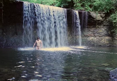 Muscular Asian Hunk Flexes in Speedo by Waterfall - Tight Ass & Hole Tease, Strips Naked & Explodes with Massive Cumshot