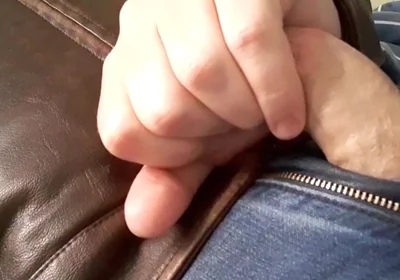 Edge and Cum on New Brown Leather Jacket