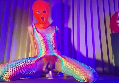 Orange Balaclava Mask Sissy Trans Dyed Pubic Hair Fuck Myself with Dildo