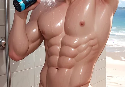 Soft Kawaii Boy in Beach Shower with Pastel Pink Hair